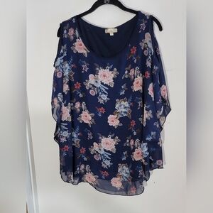Lavish Navy Floral Cold-Shoulder Chiffon Top